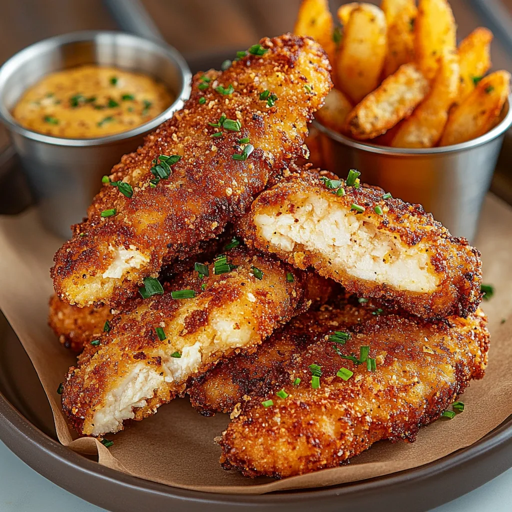 Ein Plate mit frisch zubereiteten Chicken-Streifen und frisch zubereiteten Fries.
