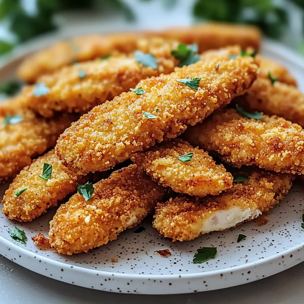 Eine Platte mit frisch zubereiteten Fischsticks, die mit Parsley garniert sind.