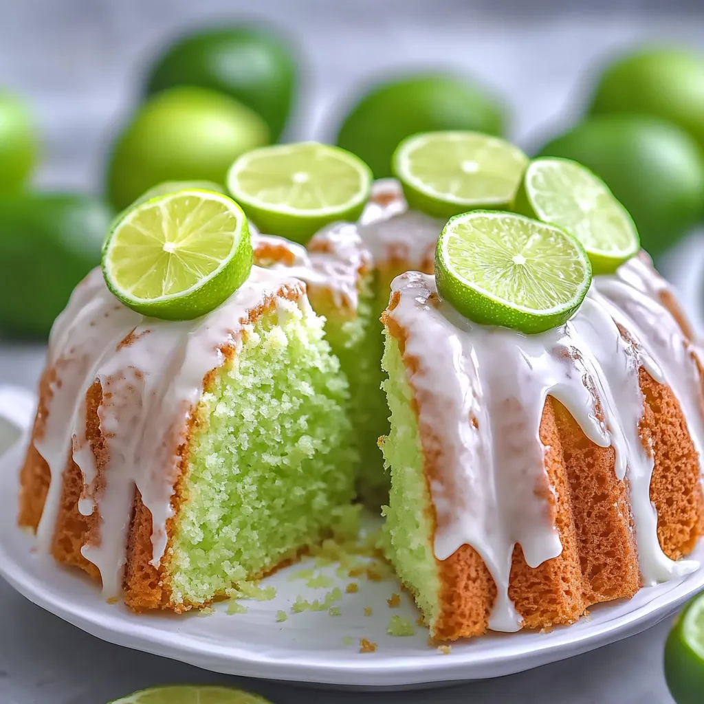 Ein Stück Kuchen mit grünen Zitronen auf einem weißen Platter.