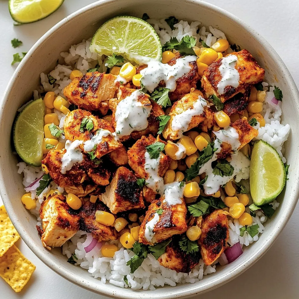Ein großer, weißer Becher mit einer Mischung aus Rice, Kokosmelis, Lime, Zwiebeln und Chicken.