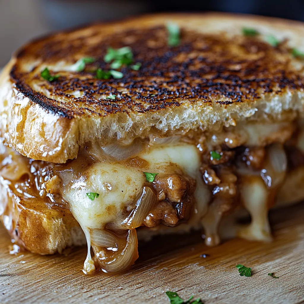 Eine Toast mit Käse und Zwiebeln auf einem Tisch.