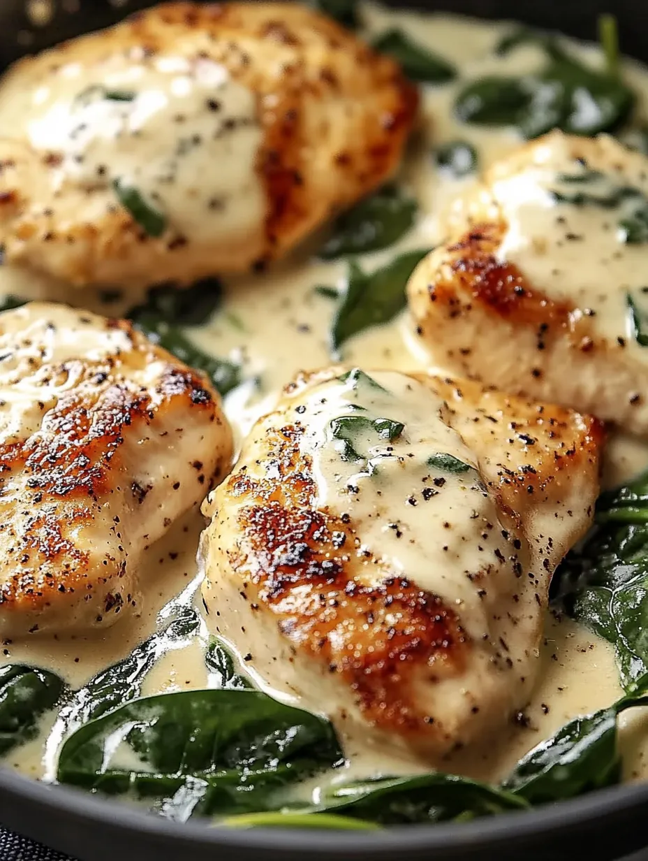Eine Platte mit gegrillten Chicken-Stücken, die in einer Sauce mit Spinat und Zwiebeln serviert werden.