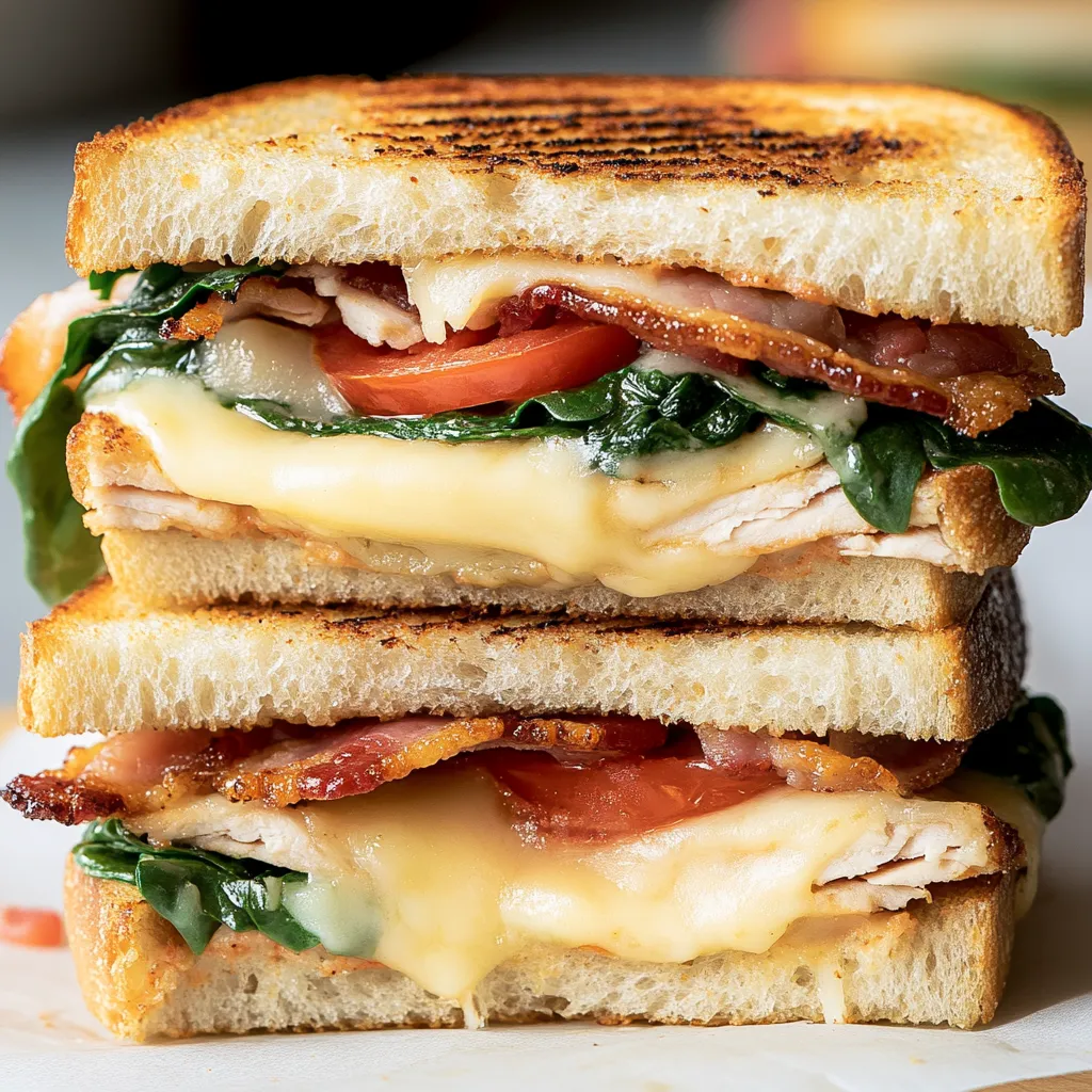 Eine Sandwich mit Tomaten, Bacon und Käse.