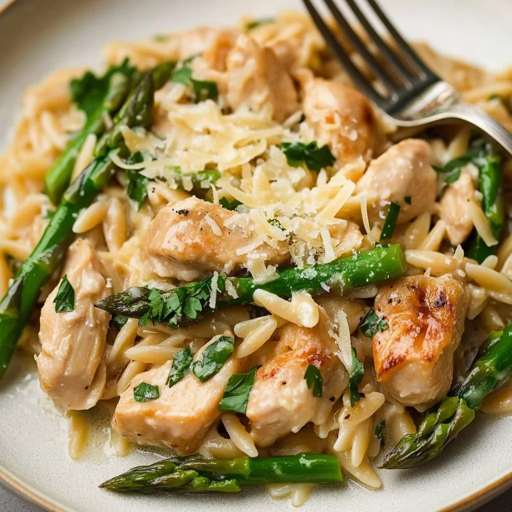 Ein Plate mit Pasta, Chicken und Asparagus.