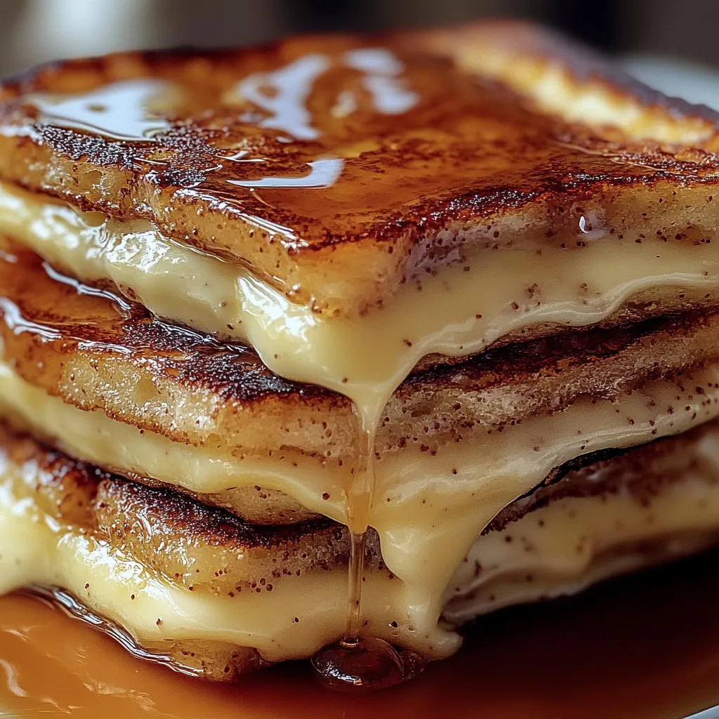 Eine Platte mit drei Schichten von Pancakes, die mit Butter und Syrup garniert sind.