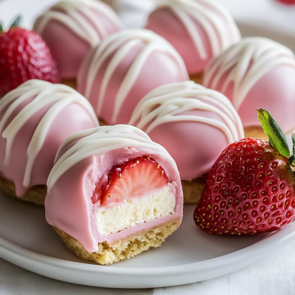 Eine Platte mit Strawberry Cheesecake Bites, die aus Strawberries und Käse bestehen.