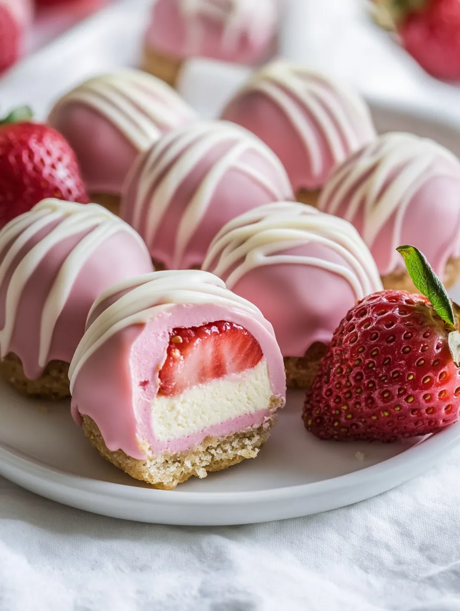 Eine Platte mit Strawberry Cheesecake Bites, die in Pink und White gefärbt sind.