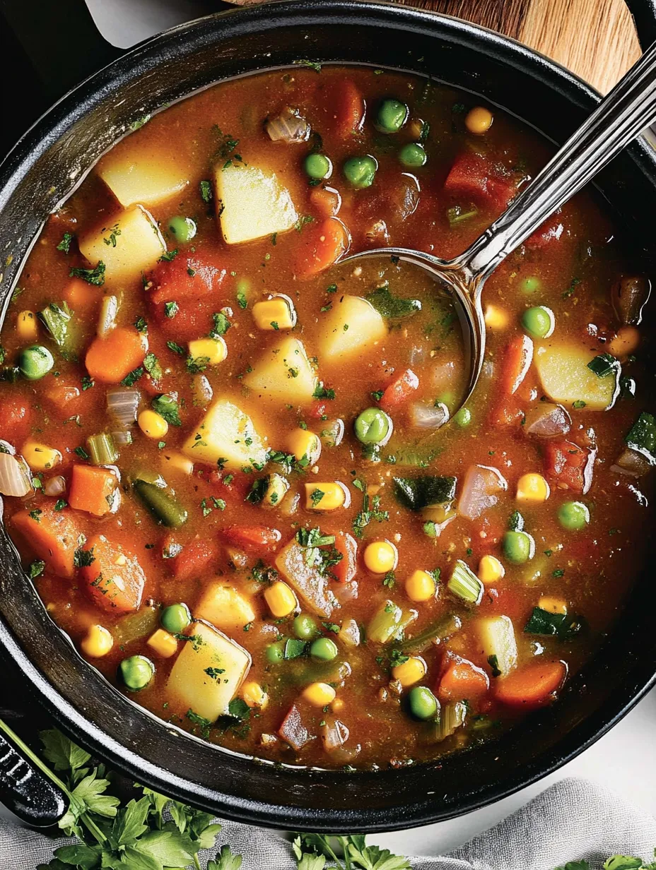Ein Topf mit einer Mischung aus Kartoffeln, Peas, Zwiebeln, Tomaten, Kokosmelis und Karotten.