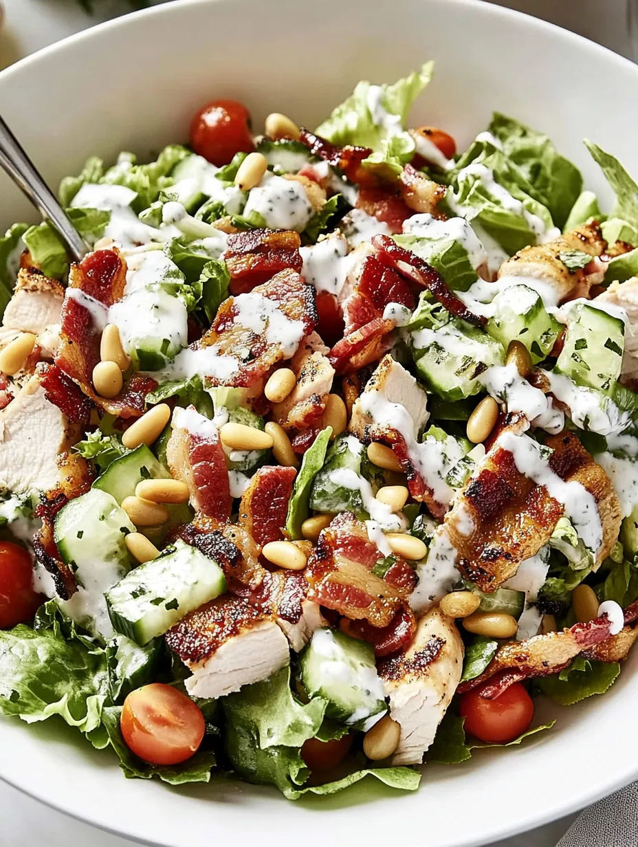 Ein Salat aus Hähnchen, Bacon, Tomaten und Linsen.