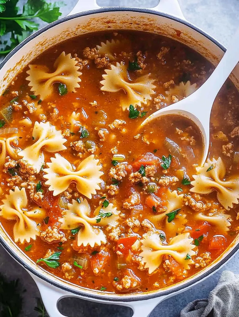 Eine Lasagne-Suppe mit vielen Lasagne-Pasta-Knöpfchen und Tomaten.