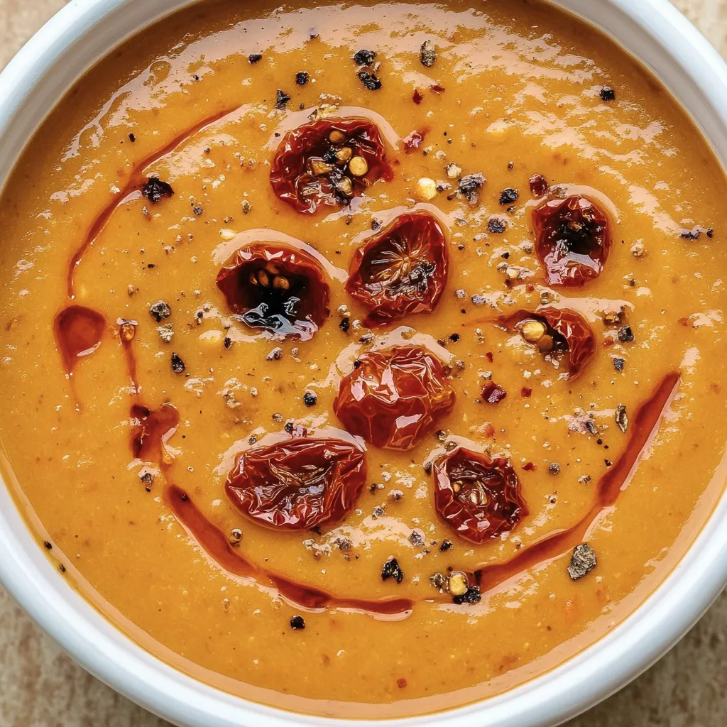 Eine Cremige geröstete Knoblauch-Tomatensuppe in einem weißen Behälter mit gerösteten Tomaten und Knoblauch.