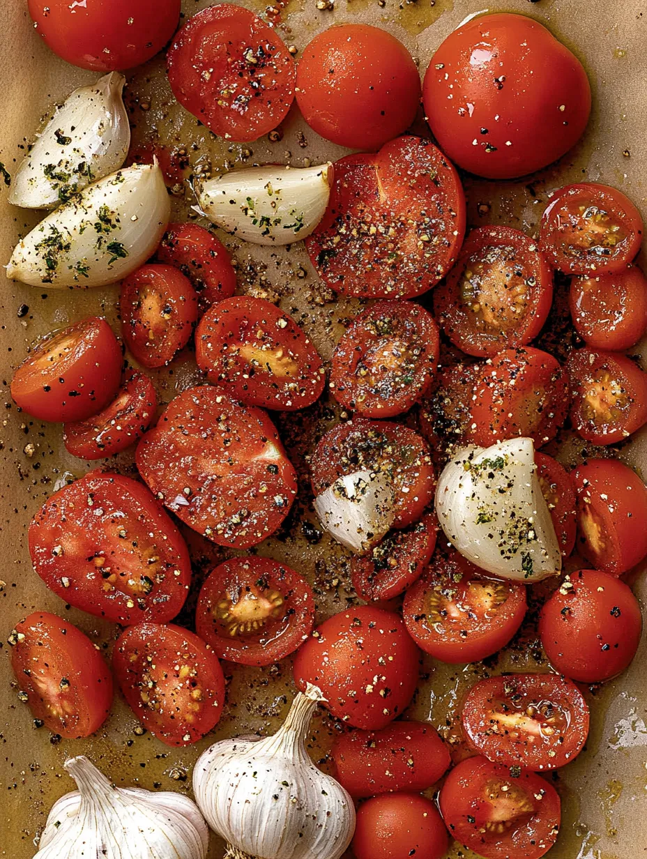 Eine Schüssel mit gerösteten Tomaten und Knoblauch.