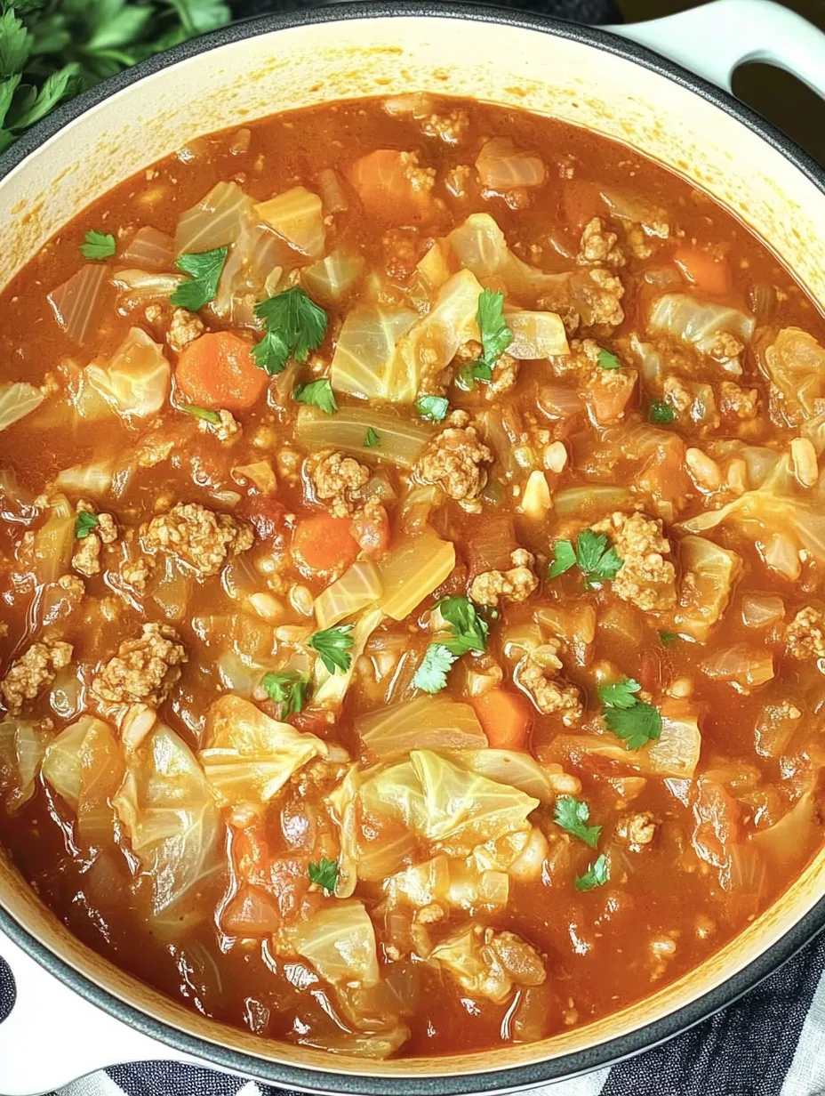 Ein Topf mit einer Kohlrouladensuppe, die mit Rindfleisch, Kartoffeln und Zwiebeln zubereitet wurde.