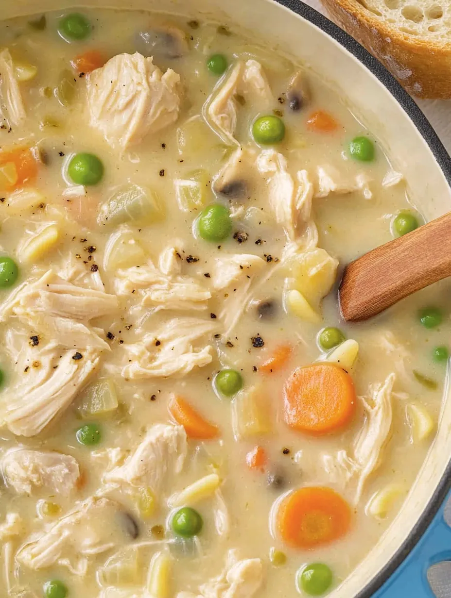 Ein Batch Chicken Pot Pie Suppe mit vielen Zutaten wie Karotten, Peas, Chicken und Knoblauch.