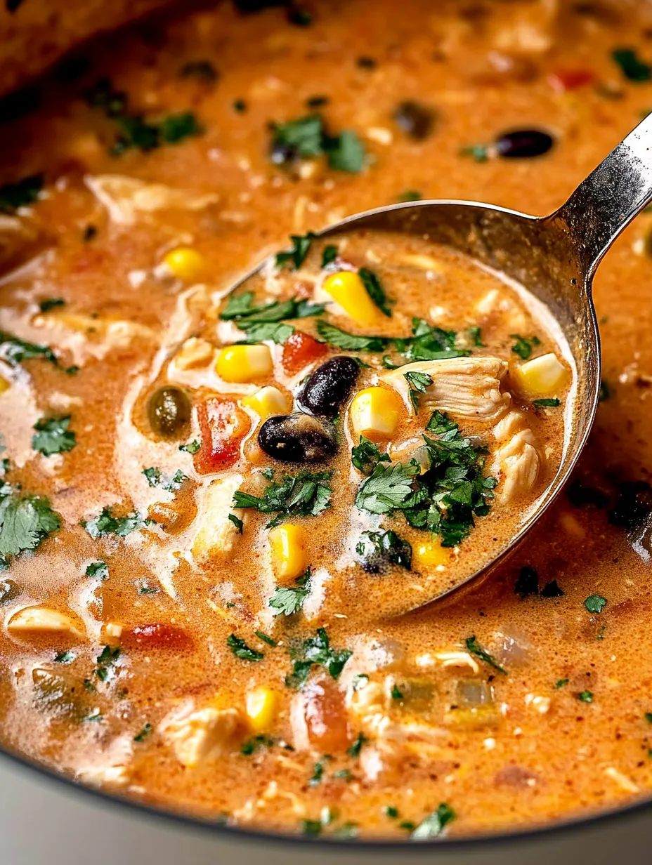 Ein spülsames, creamy Chicken Taco Soup mit einer Messerspitze, die in den Soup eindringt.