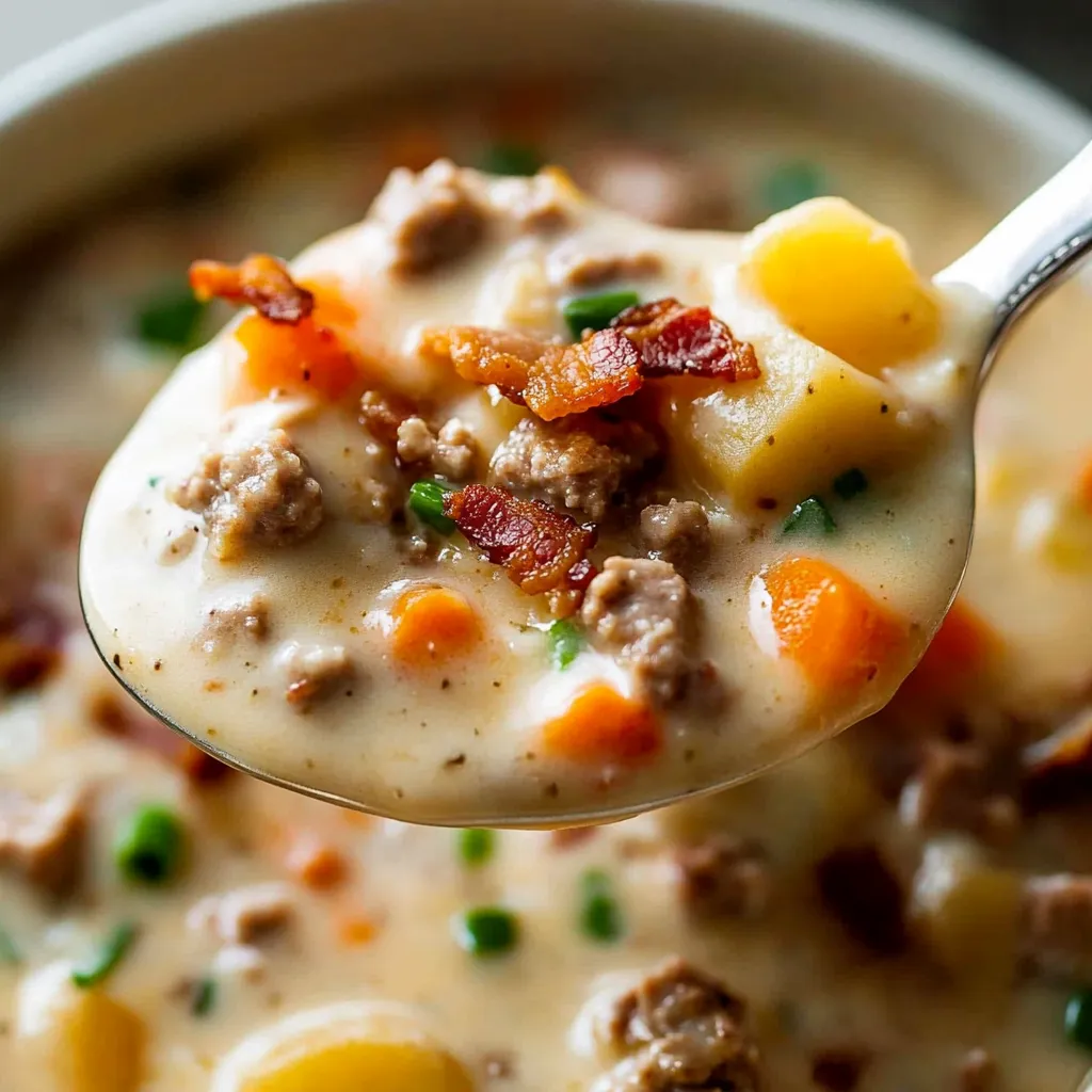 Ein spateliger Löffel, der in eine Suppe gestochen ist, die mit Bacon, Kartoffeln und Zwiebeln zubereitet wurde.