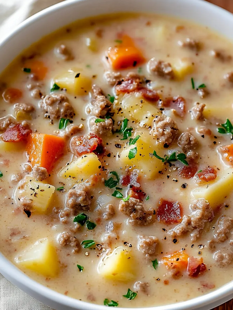 Ein Topf mit einer Mischung aus Kartoffeln, Zwiebeln, Rindfleisch, Karotten, Paprika und anderen Zutaten, die als Easy Cheeseburger Soup Recipe beschrieben werden.