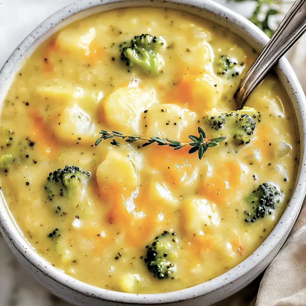 Ein Glas mit einer cremigen Suppe, die mit Broccoli und Kartoffeln zubereitet wurde.
