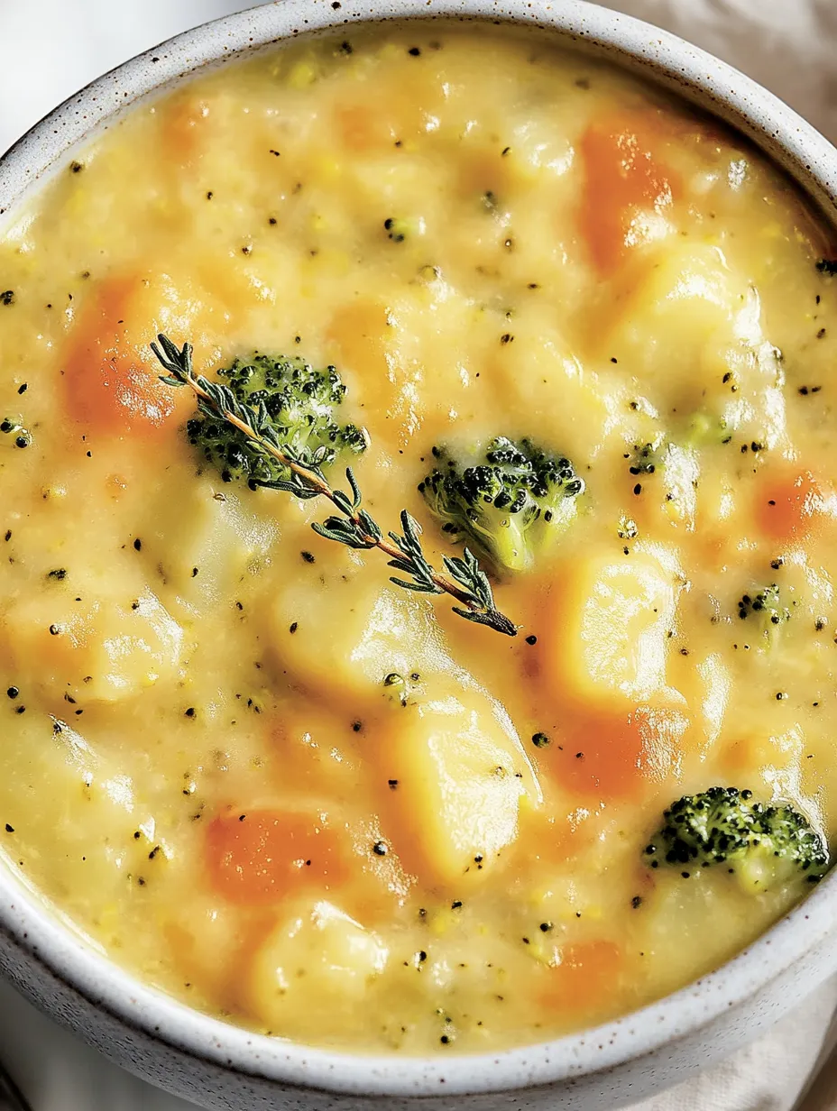 Ein Topf mit einer cremigen Suppe, die mit Broccoli und Kartoffeln zubereitet wurde.