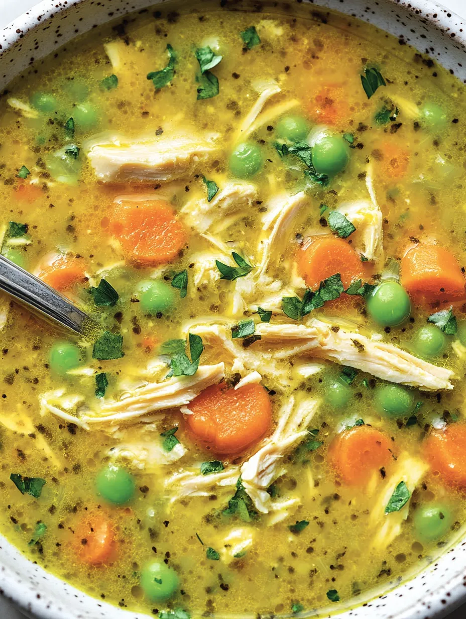 Ein Glas mit einer Anti Inflammatory Turmeric Chicken Soup, die mit verschiedenen Zutaten wie Karotten, Peas, Chicken und Gewürzen zubereitet wurde.
