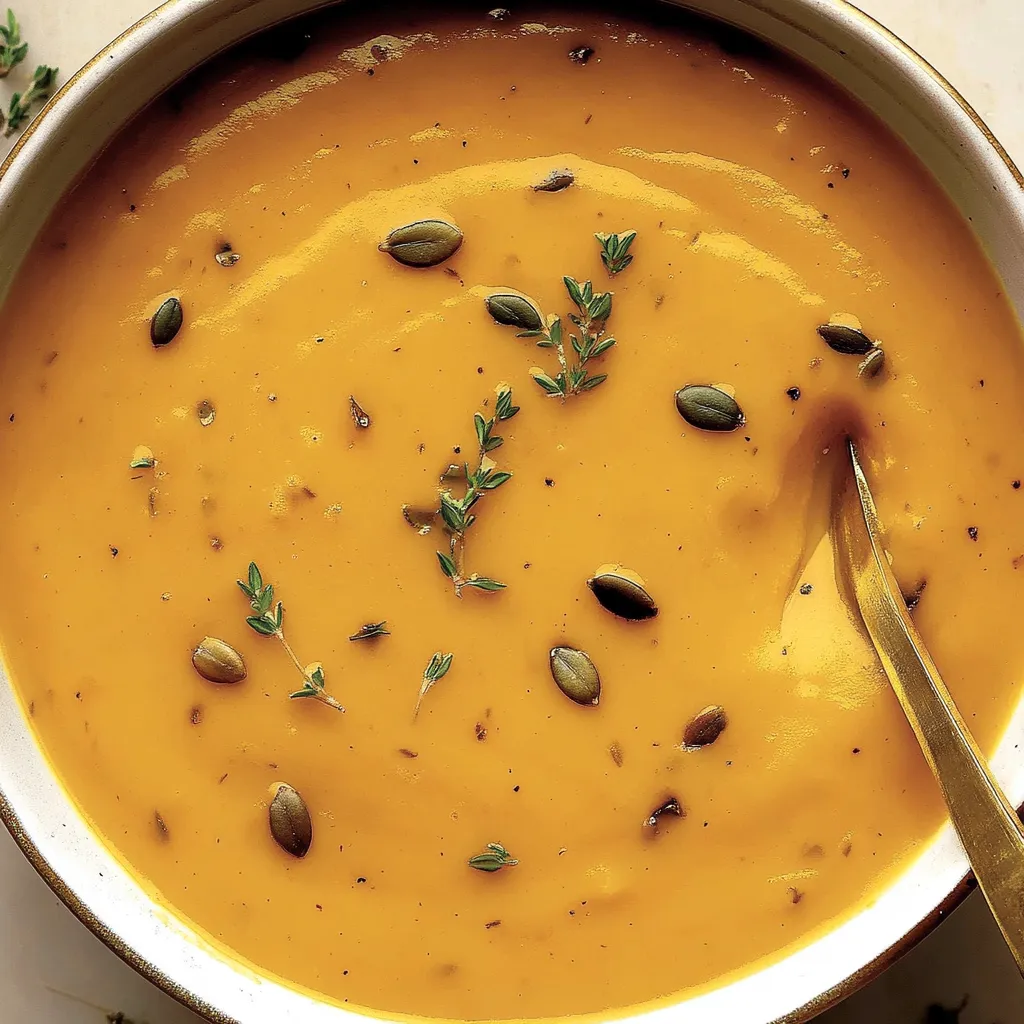 Ein goldener Kessel mit Coconut Curry Pumpkin Soup, der mit einer Gabel gestochen wird.