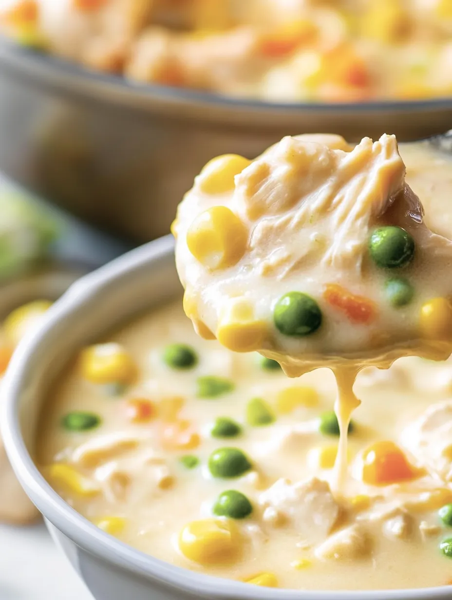 Ein Schalen mit Chicken Pot Pie Soup, der mit einer Gabel gestochen wird.