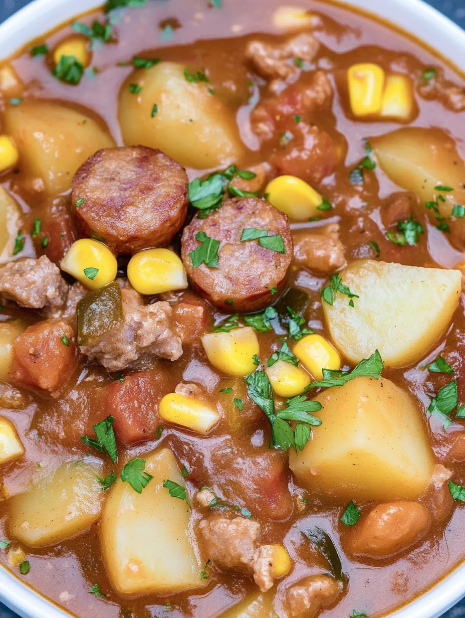 Ein Bild von einer Mahlzeit, die aus Kartoffeln, Korn, Rindfleisch, Schweinefleisch und Kartoffelpüree besteht.