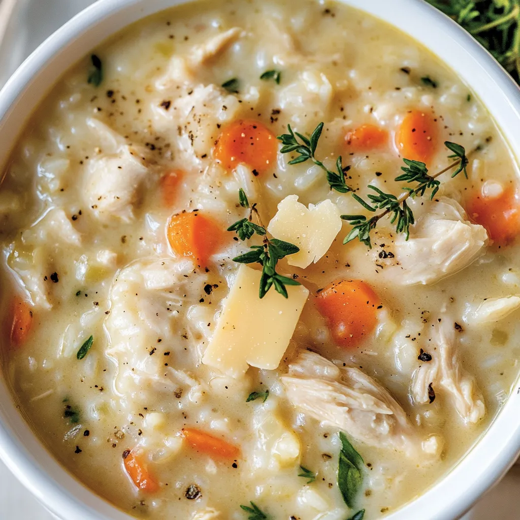 Ein weißer Teller mit einer cremigen Suppe, die aus Kartoffeln, Zwiebeln und Chicken zubereitet wurde.