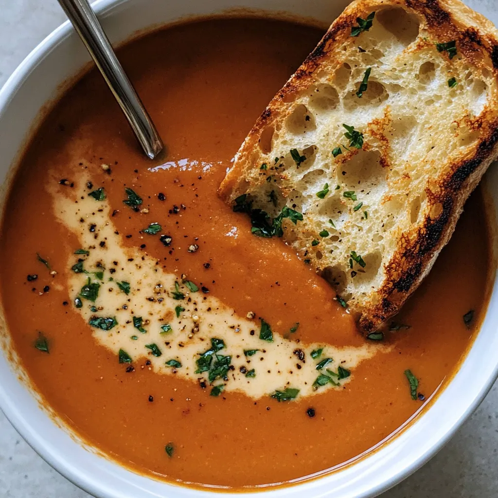 Ein weißer Teller mit Tomato Soup und Toast.