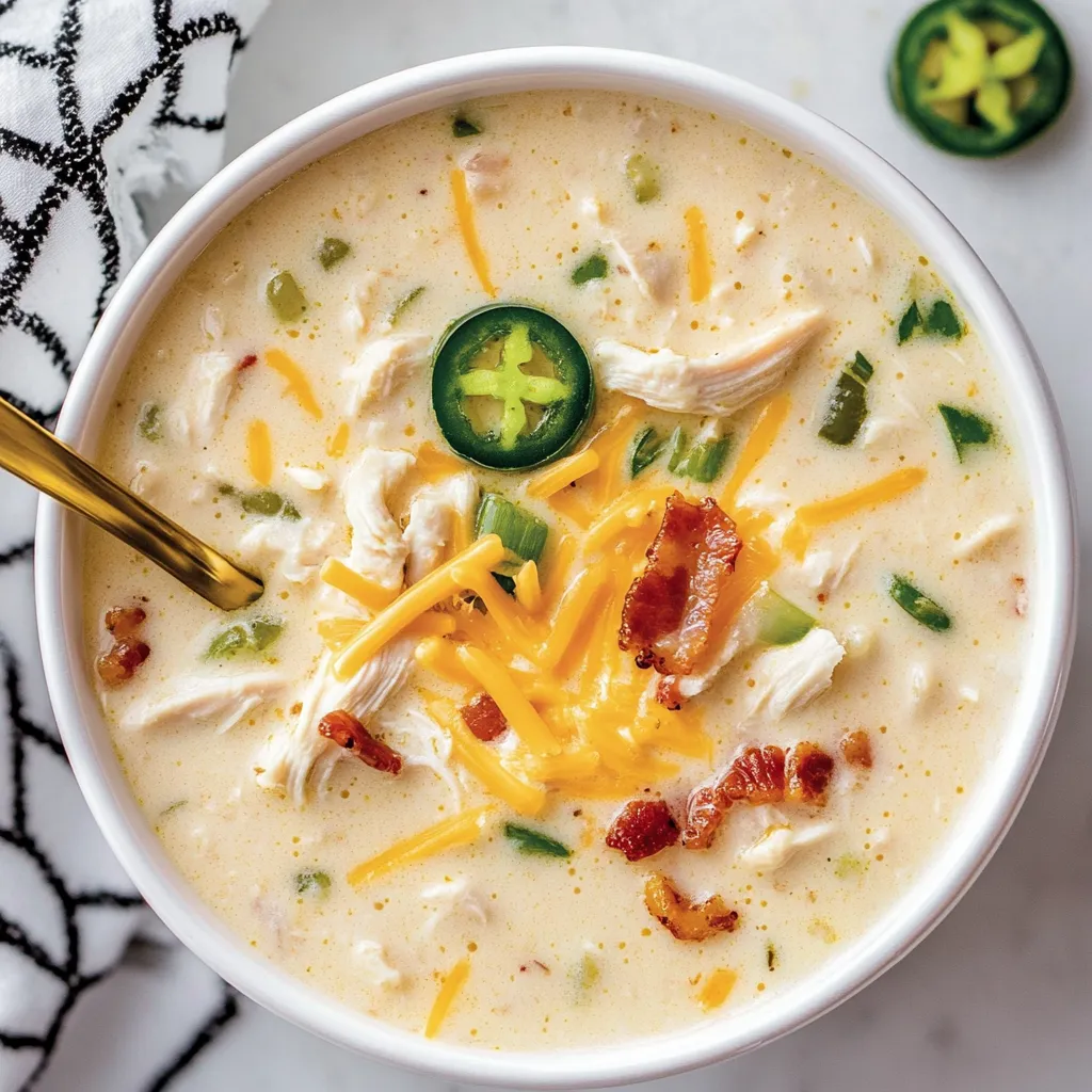 Ein weißer Becher mit Jalapeno Popper Soup, der mit Bacon und Käse gefüllt ist.