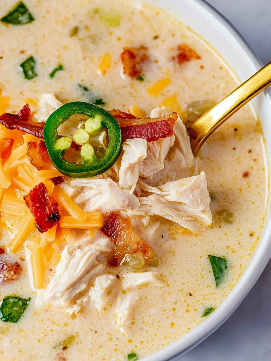 Ein Bierglas mit Jalapeno Popper Soup, das mit Bacon, Käse und Jalapenos garniert ist.