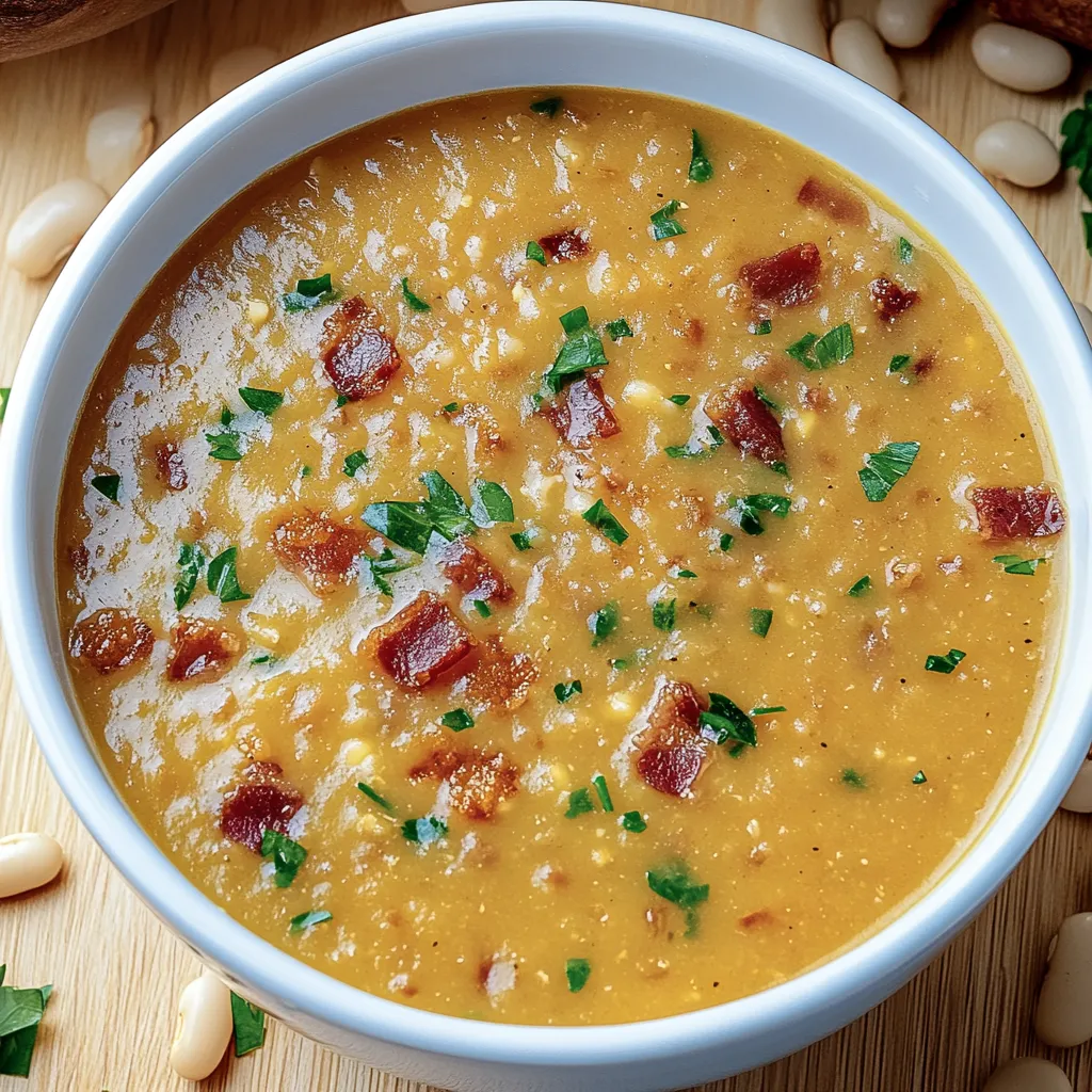 Ein weißer Becher mit Bacon and Bean Soup.
