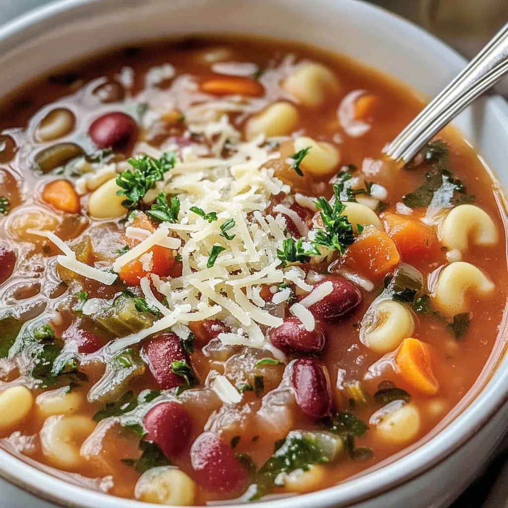 Ein weißer Teller mit einer Chunky Italian Vegetable Soup, die mit Kartoffeln, Tomaten, Zwiebeln und Käse garniert ist.