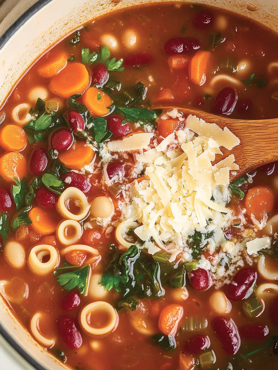 Ein Topf mit einer Chunky Italian Vegetable Soup, die mit Pasta, Kartoffeln, Karotten, Tomaten, Zwiebeln und Koriander zubereitet wurde.