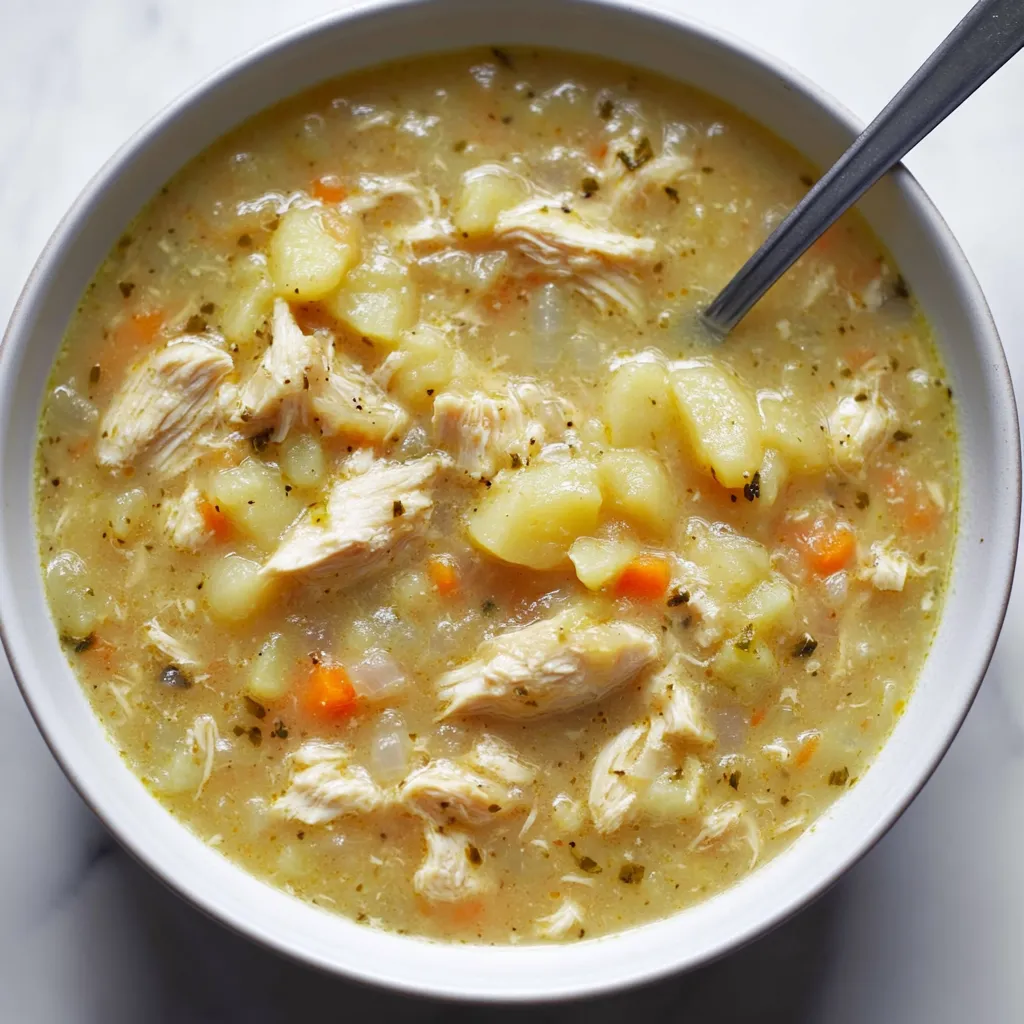 Ein weißer Teller mit einer cremigen, kräftigen und kühlen Suppe, die aus Gemüse und Chicken zubereitet wurde.
