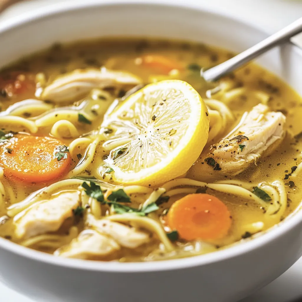 Ein weißer Teller mit einer Suppe, die aus Kartoffeln, Zwiebeln, Karotten, Chicken und einem Zitronenrindchen besteht.