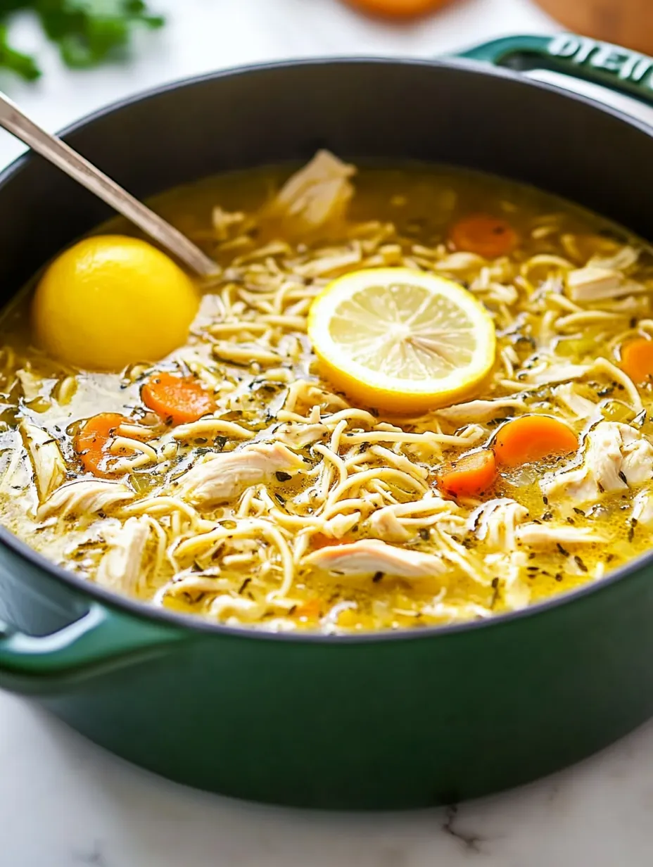 Ein großer Topf mit einer cremigen Lemon Chicken Soup, die mit Zwiebeln und Karotten garniert ist.