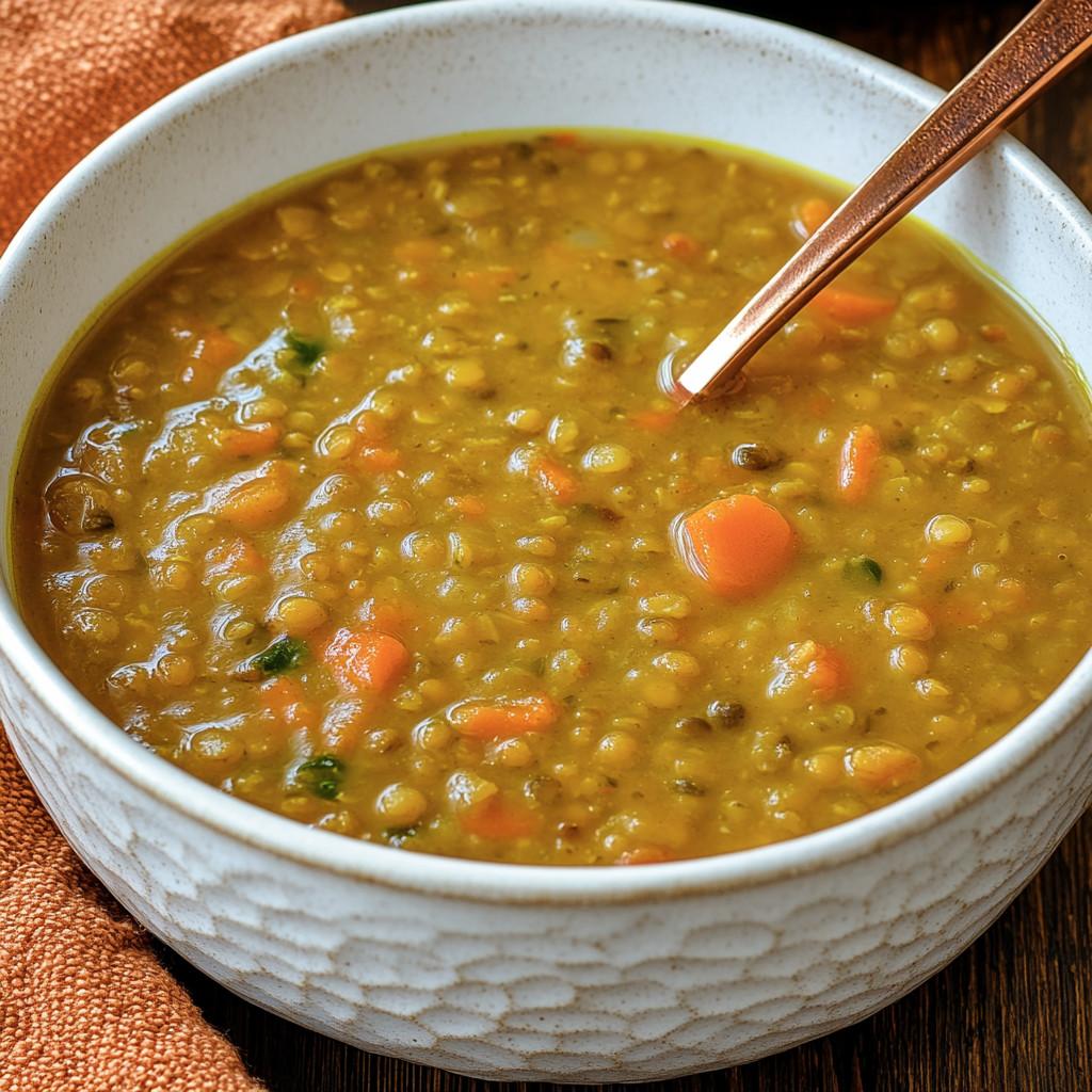 Ein weißer Teller mit einer Spicy Carrot and Lentil Soup.
