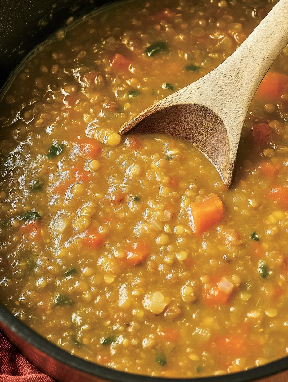 Ein Topf mit einer Spicy Carrot and Lentil Soup, die mit einem Löffel gereicht wird.