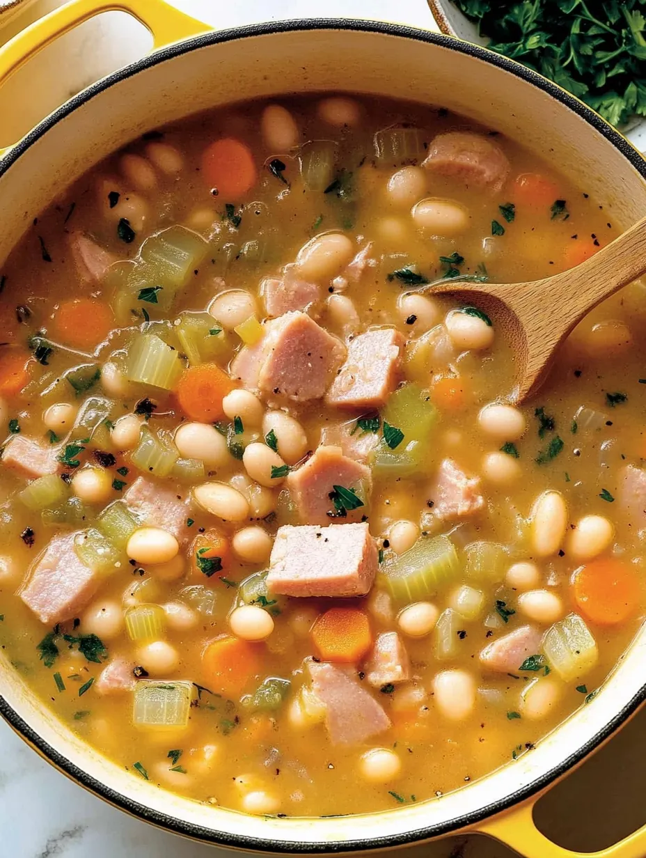 Ein Schinken-Bohnensuppe in einem Topf.