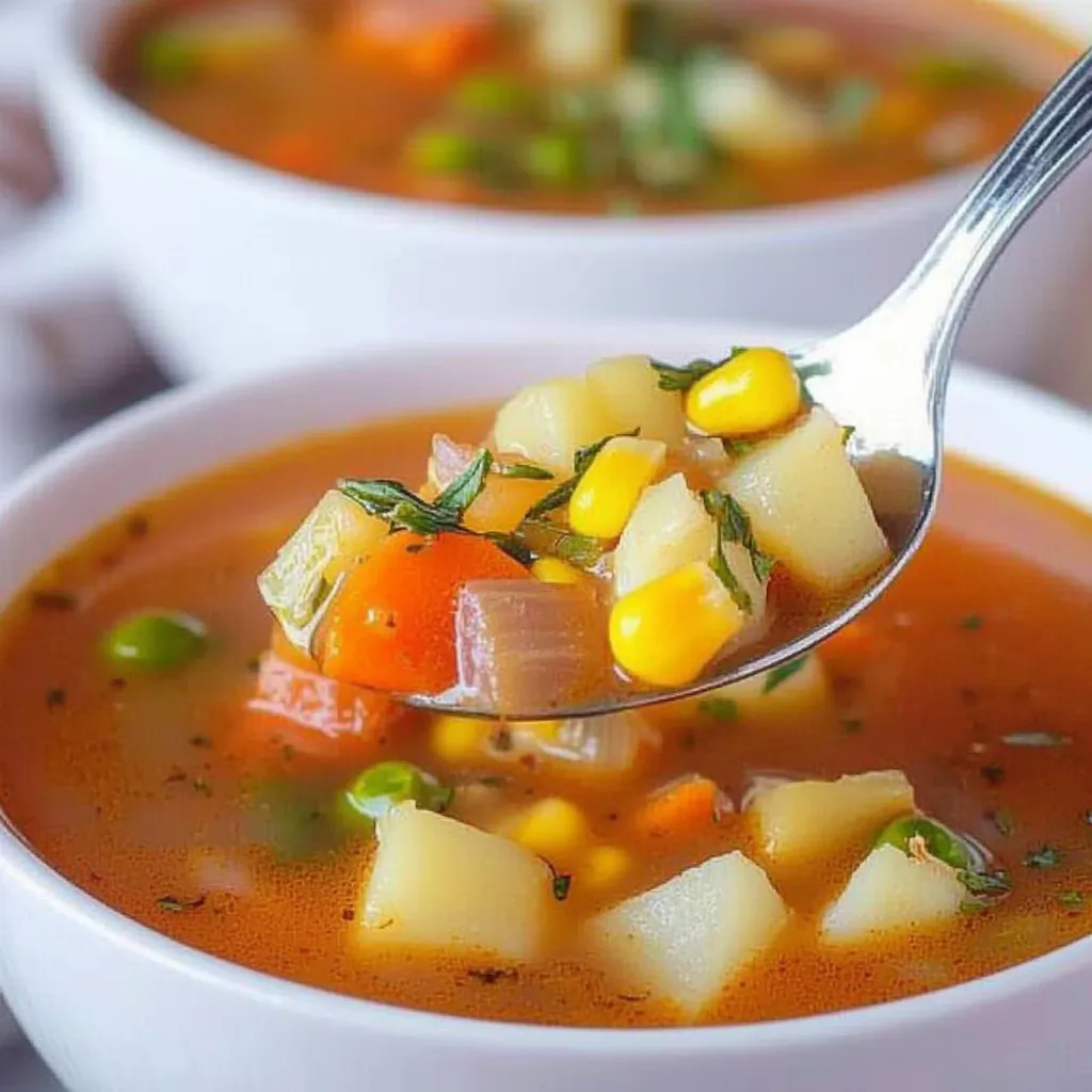 Ein Schladen mit Gemüsesuppe wird mit einer Gabel gegriffen.