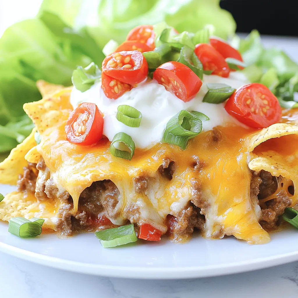 Ein Bild von einem Dorito Casserole Rezept, das mit Tomaten, Käse, Zwiebeln und Lettuce zubereitet wurde.