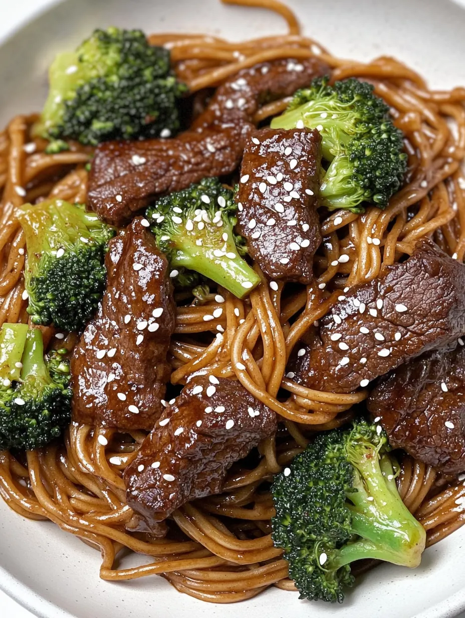 Ein Bild von Beef and Broccoli Lomein, das eine Mischung aus Fleisch, Broccoli und Nudeln darstellt.