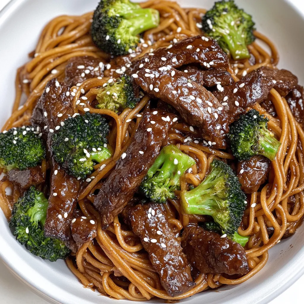 Ein Lo Mein-Gericht mit Rindfleisch und Brokkoli.