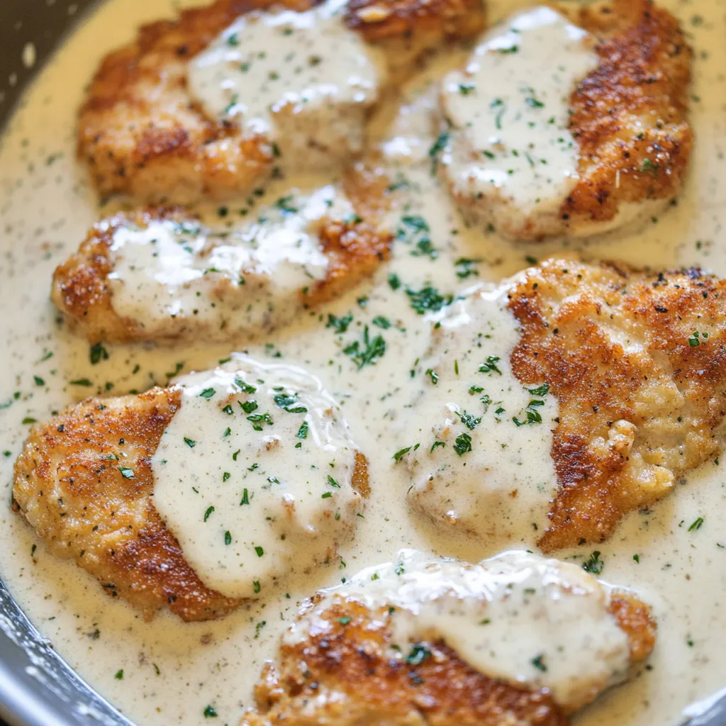 Eine Schüssel mit Creamy Garlic Chicken Breast Recipe.