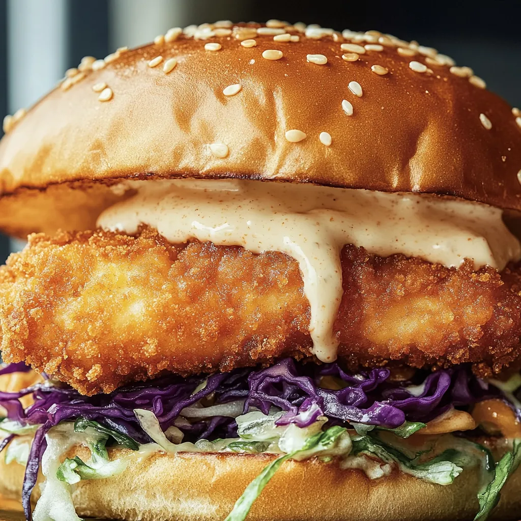 Ein Sandwich aus dem Restaurant "Crispy Fried Cod Sandwich" mit frischem Fisch und Sauce.