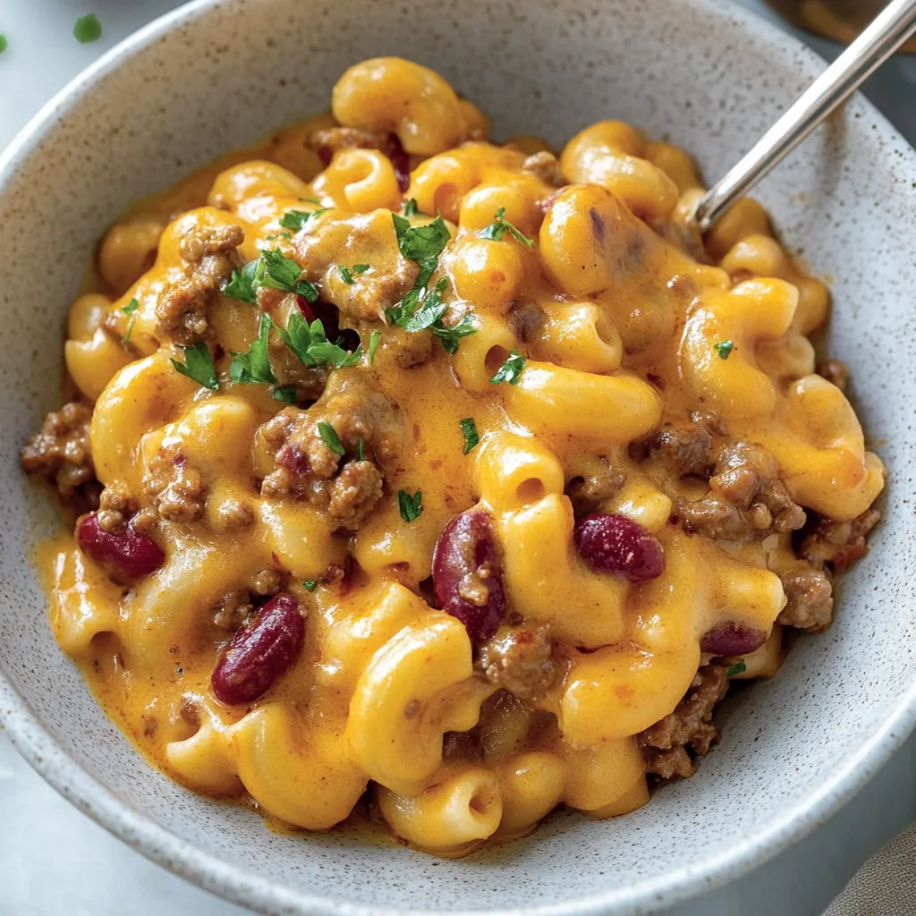 Ein großer, weißer Becher mit Chili Mac.