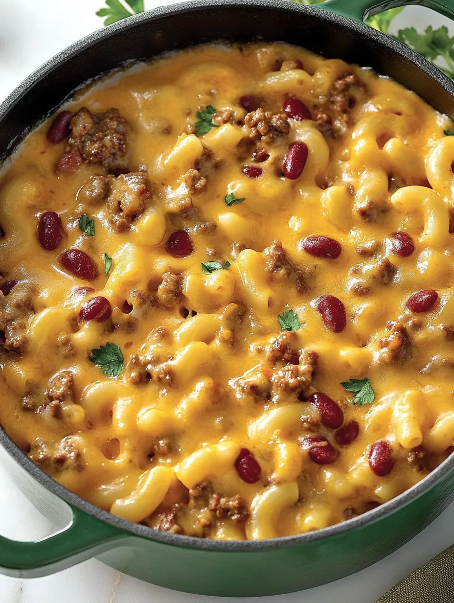 Ein Kessel mit Chili Mac, der mit Kartoffeln, Macaroni und Rindfleisch gefüllt ist.