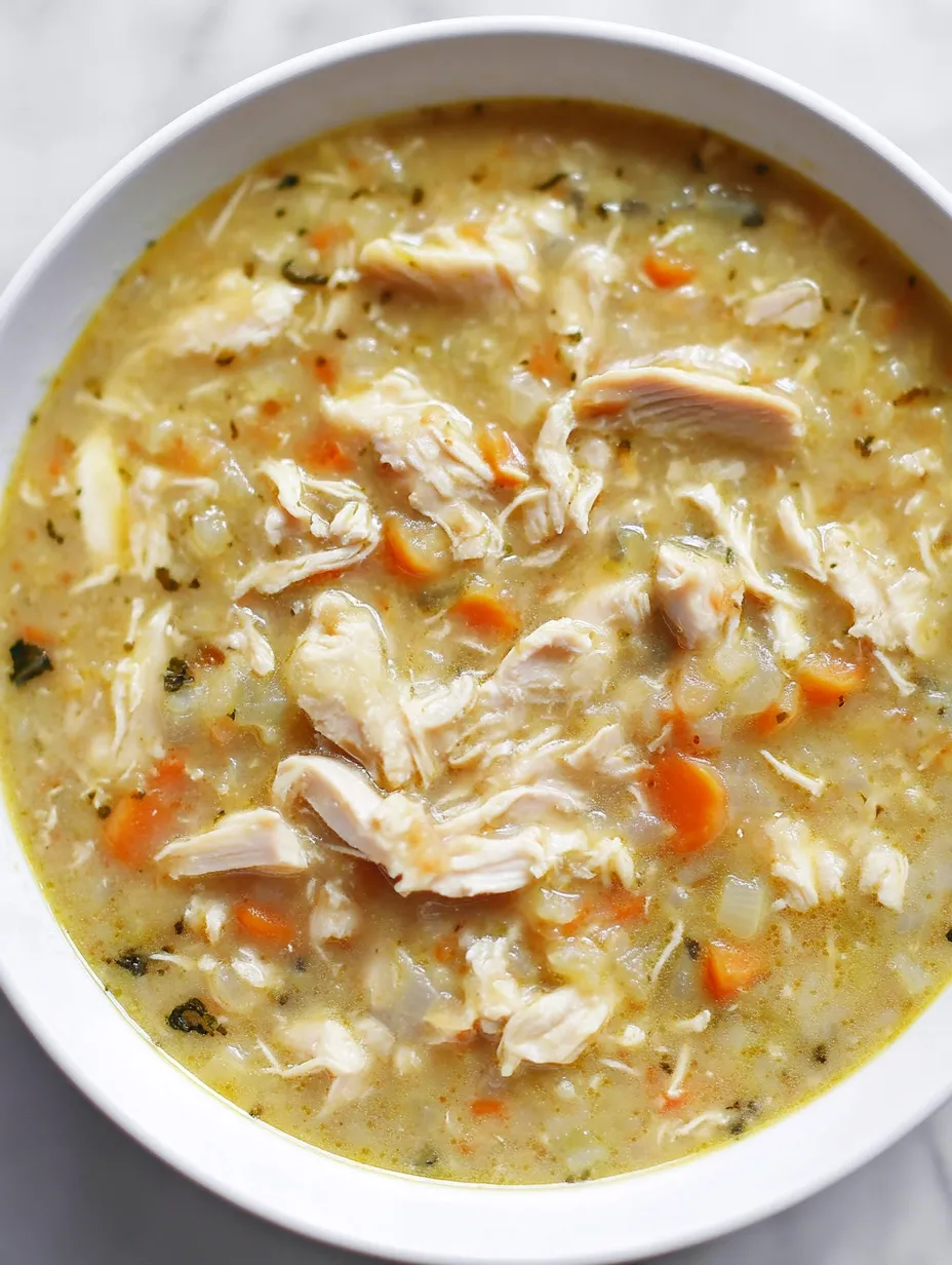 Ein weißer Teller mit einer Anti-Inflammatory Cauliflower Chicken Soup, die mit Zwiebeln, Karotten und Chicken zubereitet wurde.