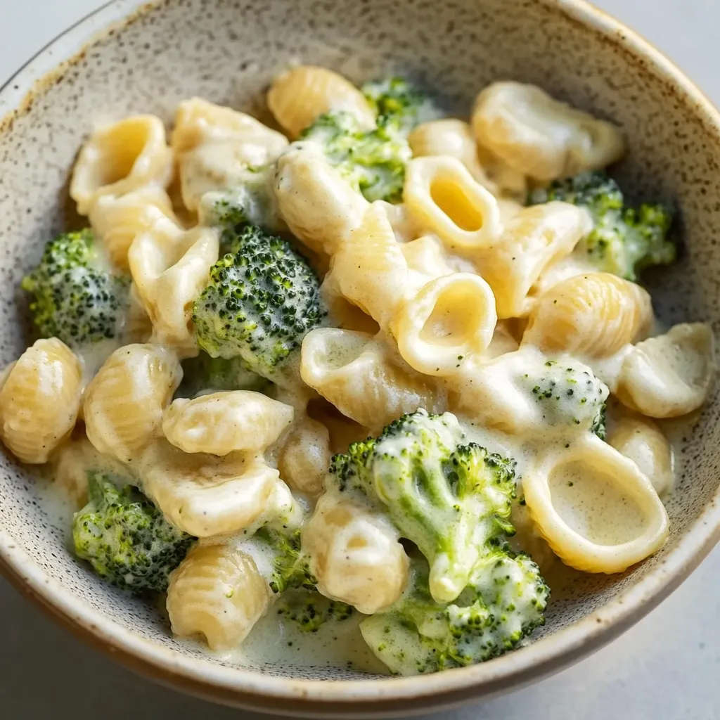 Ein großer Topf mit Pasta und Broccoli.
